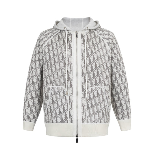 Dior Reversible Cashmere Zip-Up Hoodie – White/Grey Oblique