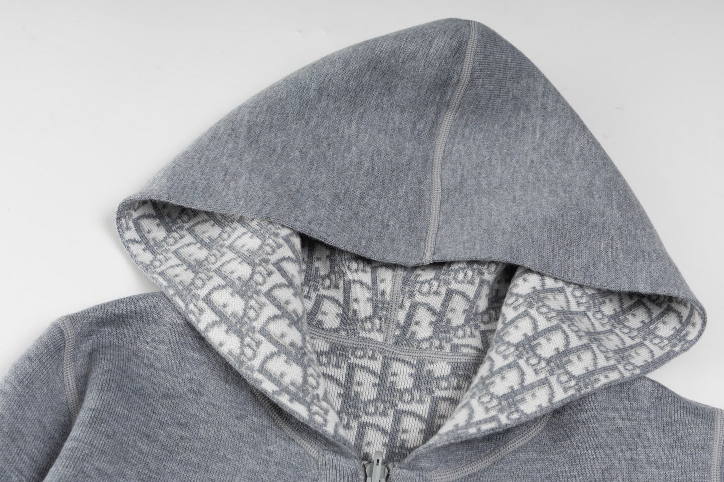 Christian Dior Reversible Jacquard Cashmere Knit Hooded Jacket in Grey
