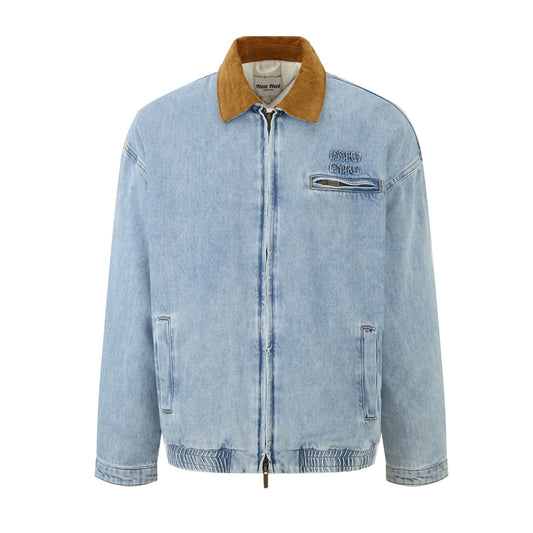 Miu Miu Denim Jacket with Corduroy Collar and Embroidered Pocket
