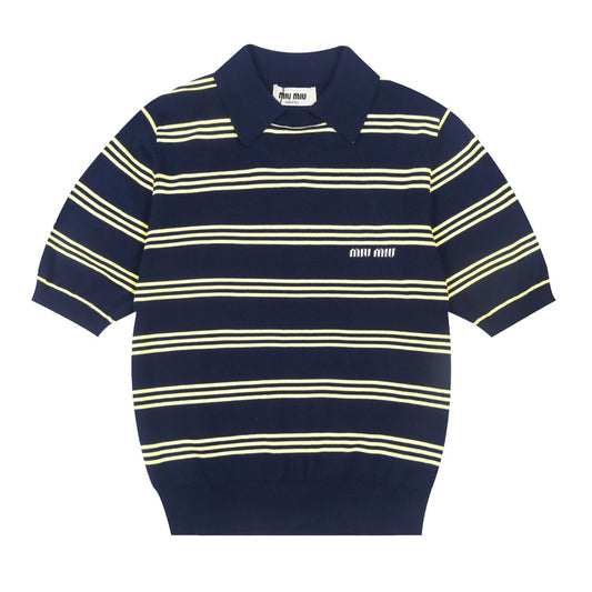 Miu Miu 2025SS Striped Polo Knit T-Shirt – Navy Blue & Yellow