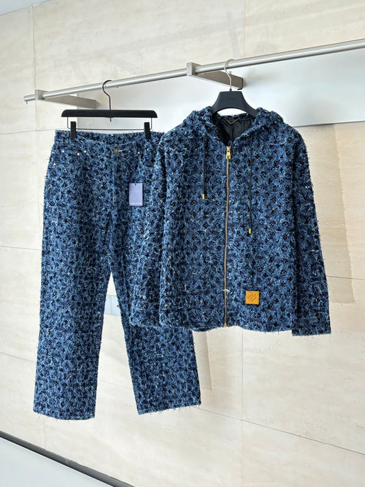Louis Vuitton 25FW Logo Jacquard Fringed Denim Jacket and Jeans Set