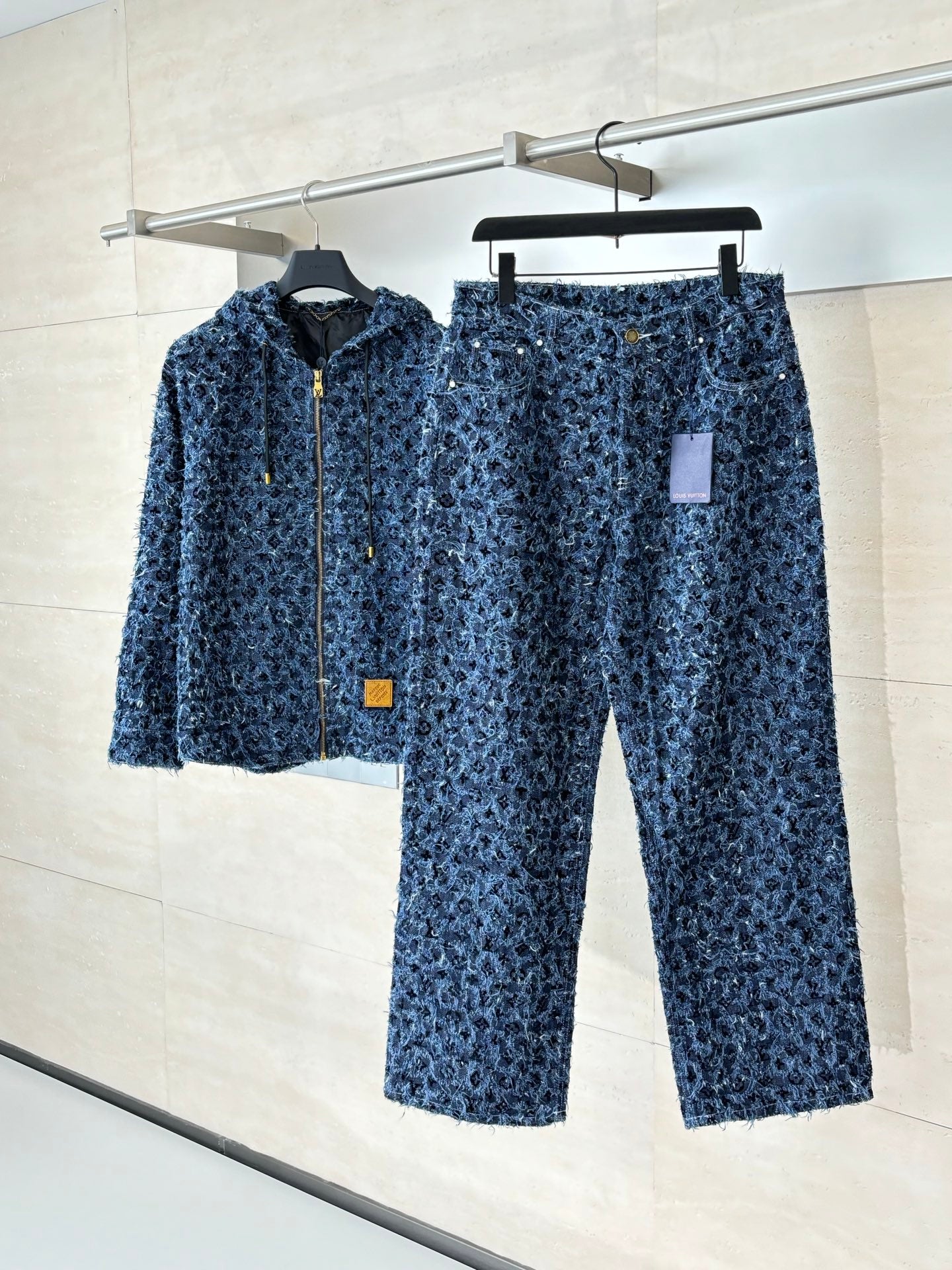 Louis Vuitton 25FW Logo Jacquard Fringed Denim Jacket and Jeans Set
